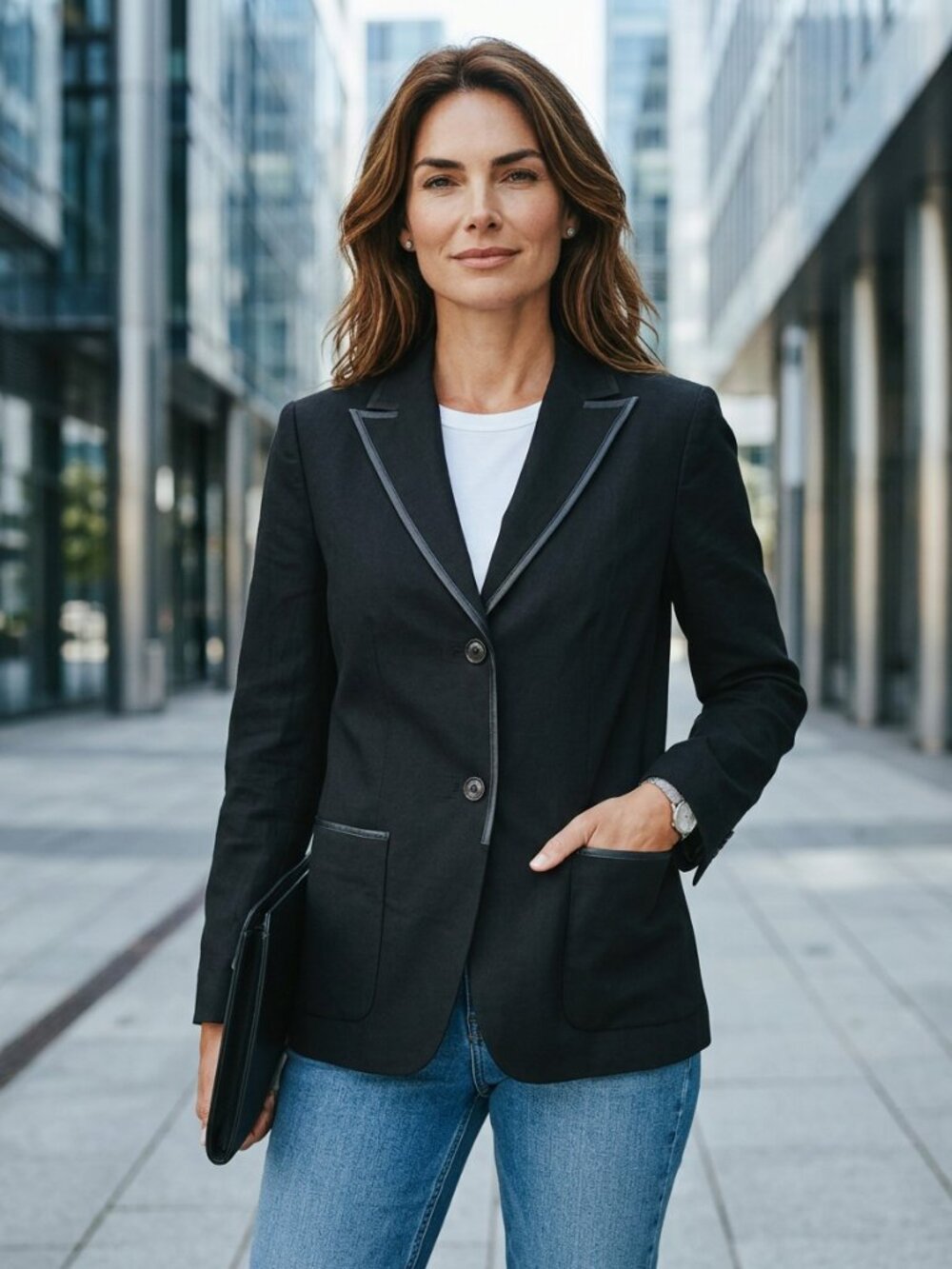 Artisan Black Linen Blend Blazer Faux Leather Trim Tailored Sz S